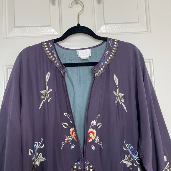 Soft Surroundings silk and embroidered kimono robe plum and tea | L - Picture 13 of 14